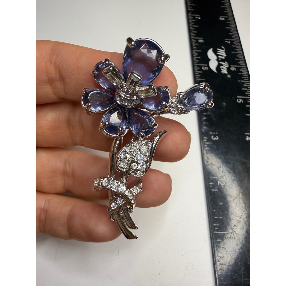 Nolan Miller Silver Tone Purple Crystal Pave Rhinestone Flower Brooch Pin